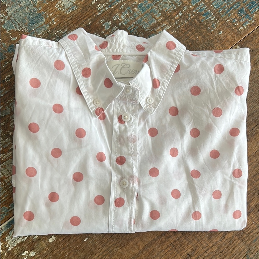 J. Crew Long Sleeve White and Pink Polka Dot Womens’s Shirt, Size L